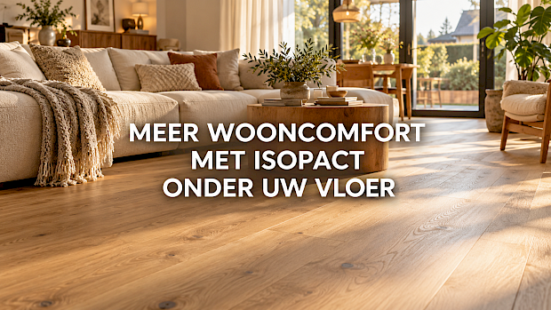 Gezellige woonkamer met een houtlook vloer en de tekst Meer wooncomfort met Isopact onder uw vloer.
